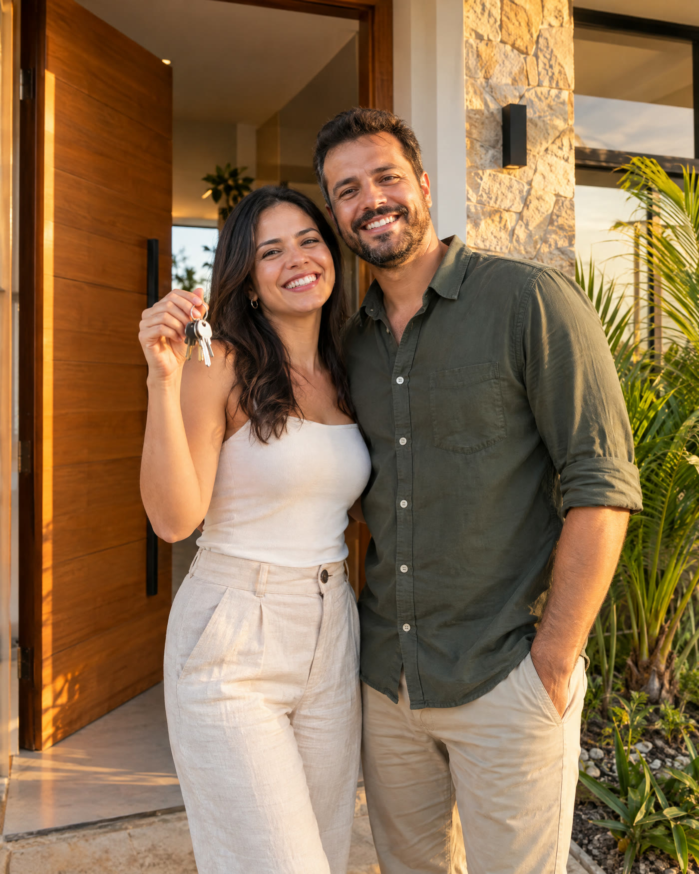 Casal na porta da casa nova segurando a chave