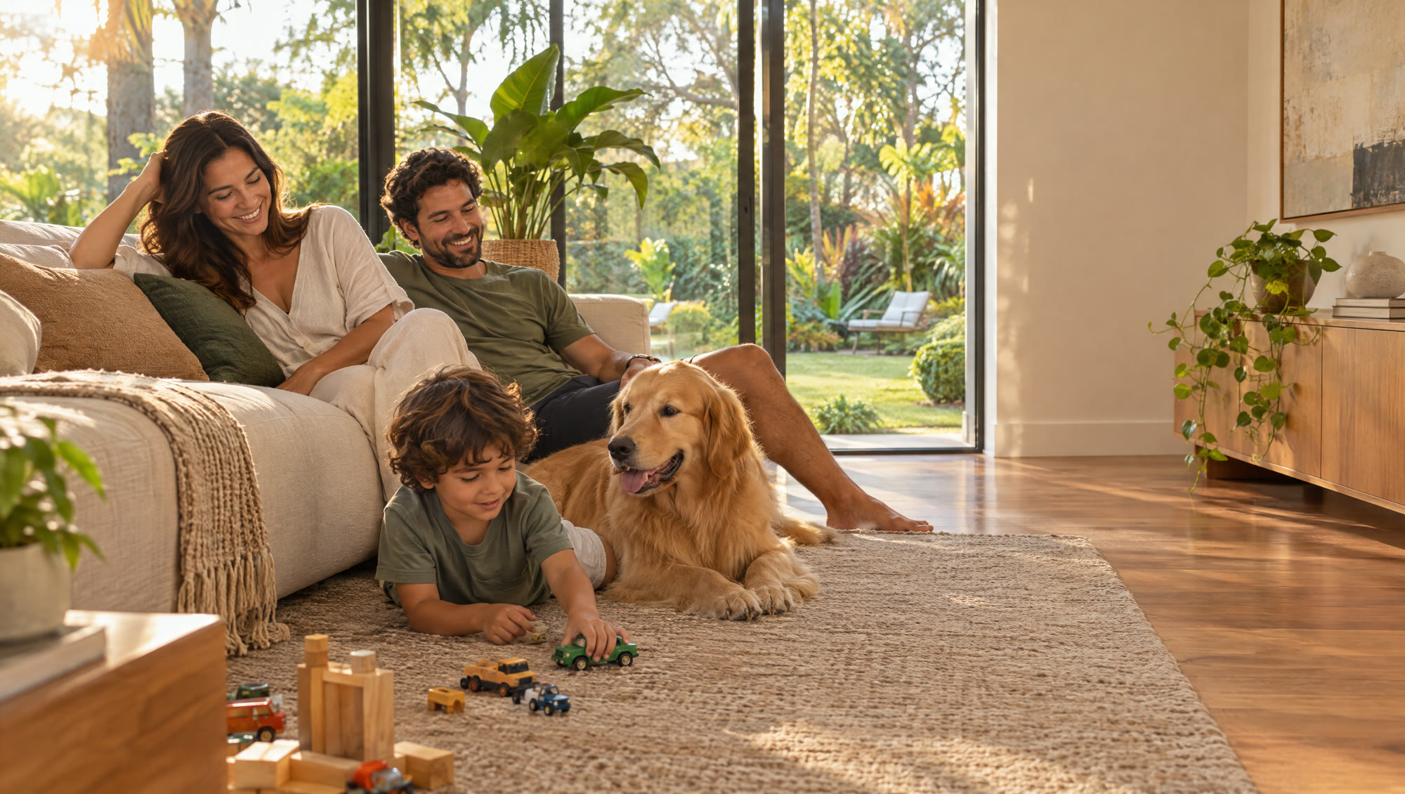 Família na sala de estar de uma casa contemporânea