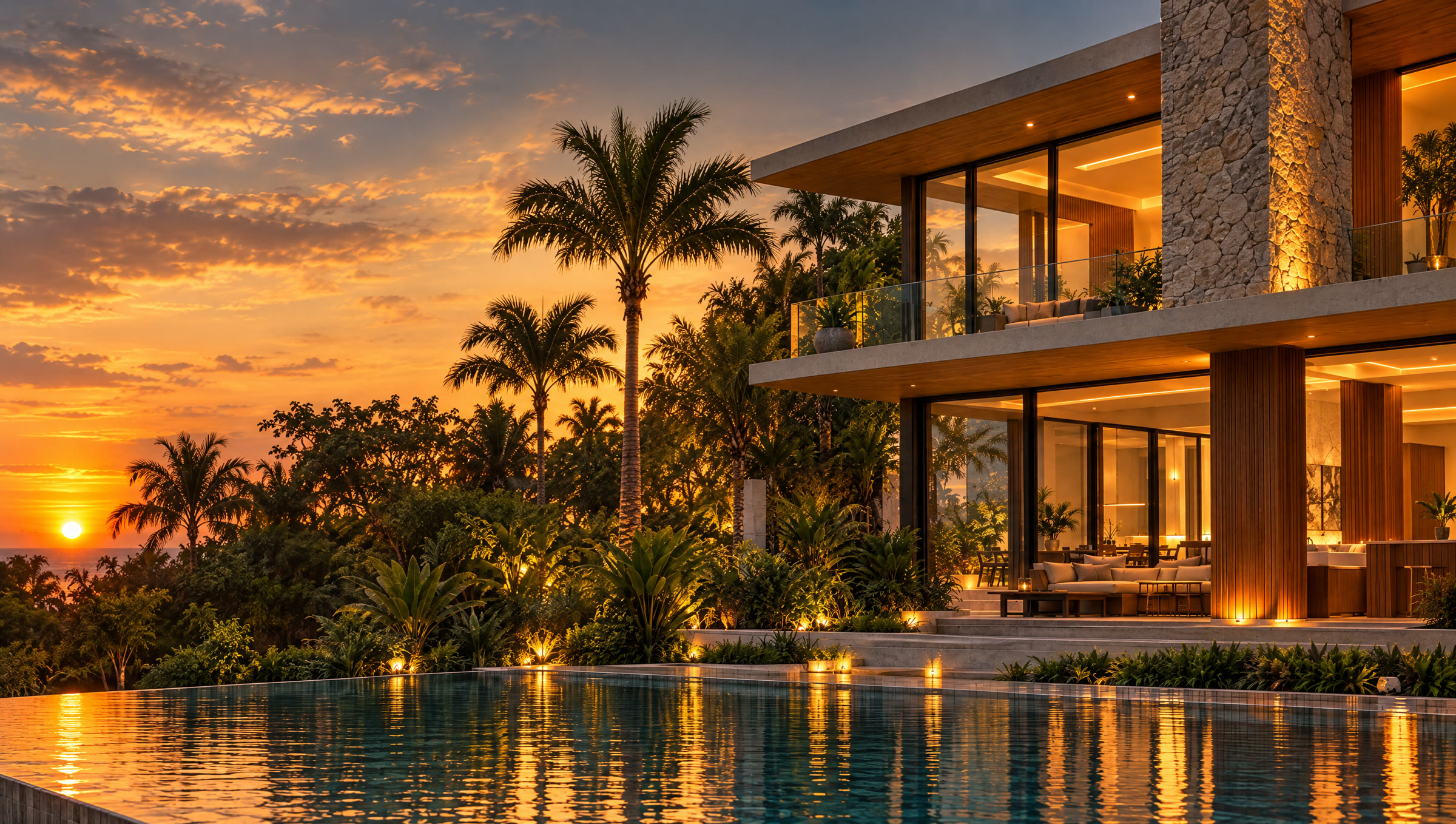 Casa contemporânea ao pôr do sol, com janelas iluminadas, palmeiras e piscina